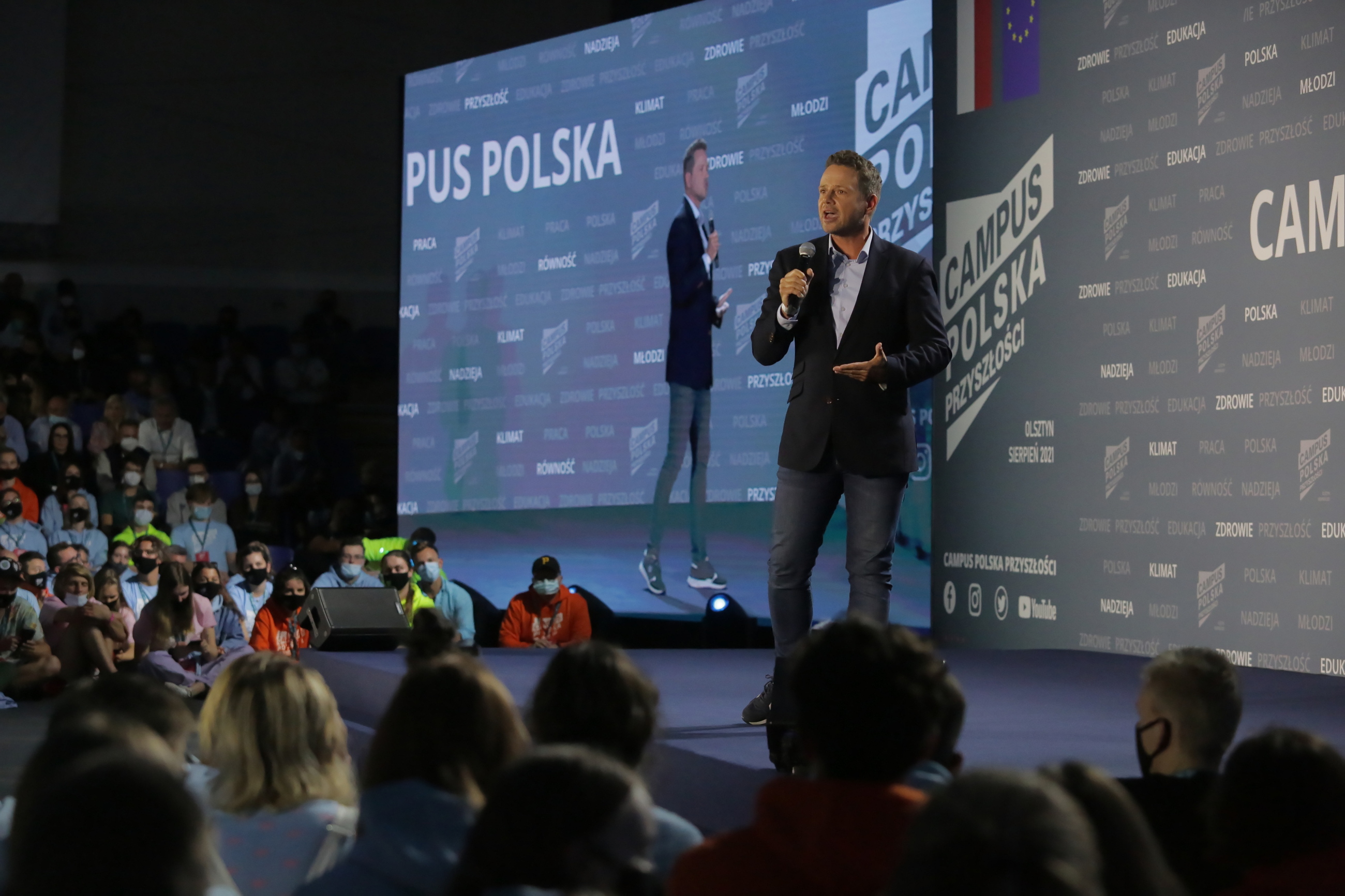 Prezydent Warszawy Rafał Trzaskowski podczas otwarcia "Campus Polska Przyszłości" w Olsztynie. 27.08.2021