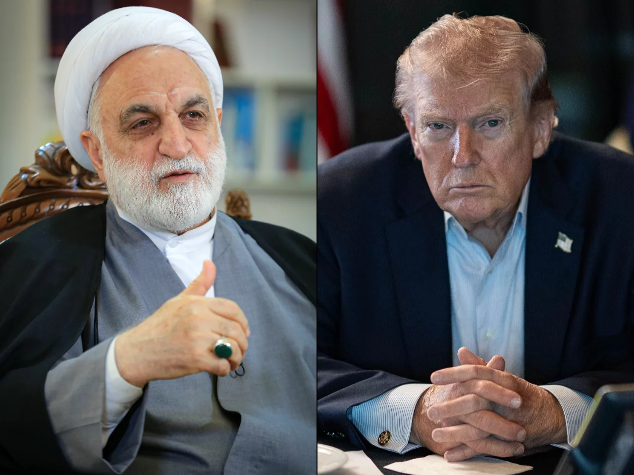 Główny sędzia Iranu Golam Husajn Mohseni Ejei i prezydent USA Donald Trump