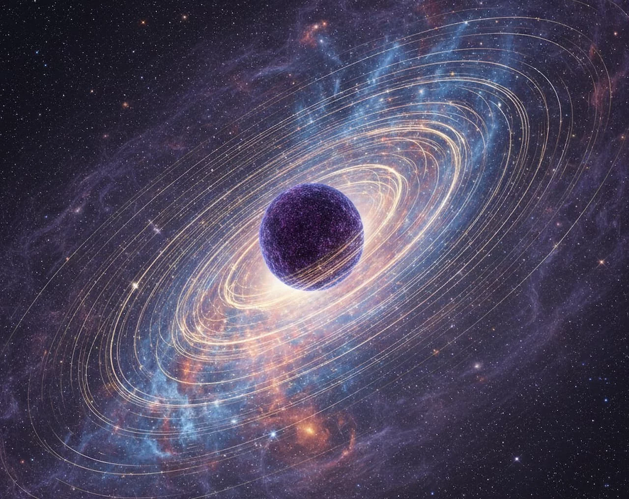Artystyczna wizja Drogi Mlecznej, gdzie najbardziej wewnętrzne gwiazdy poruszają się z prędkościami bliskimi prędkości relatywistycznej wokół gęstego jądra ciemnej materii, bez czarnej dziury w centrum