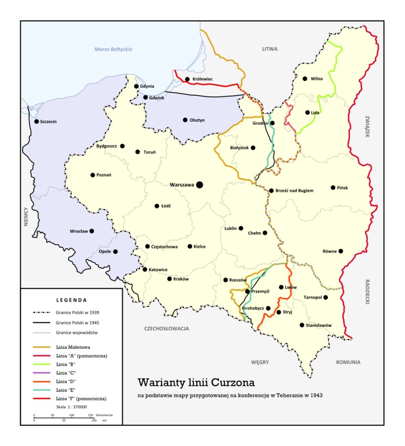 Warianty linii Curzona na podstawie mapy przygotowanej na konferencji w Teheranie w listopadzie-grudniu 1943