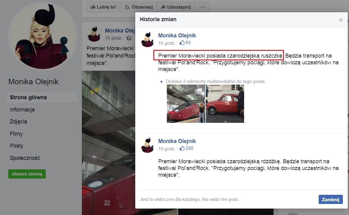 Wpis Moniki Olejnik na Facebooku