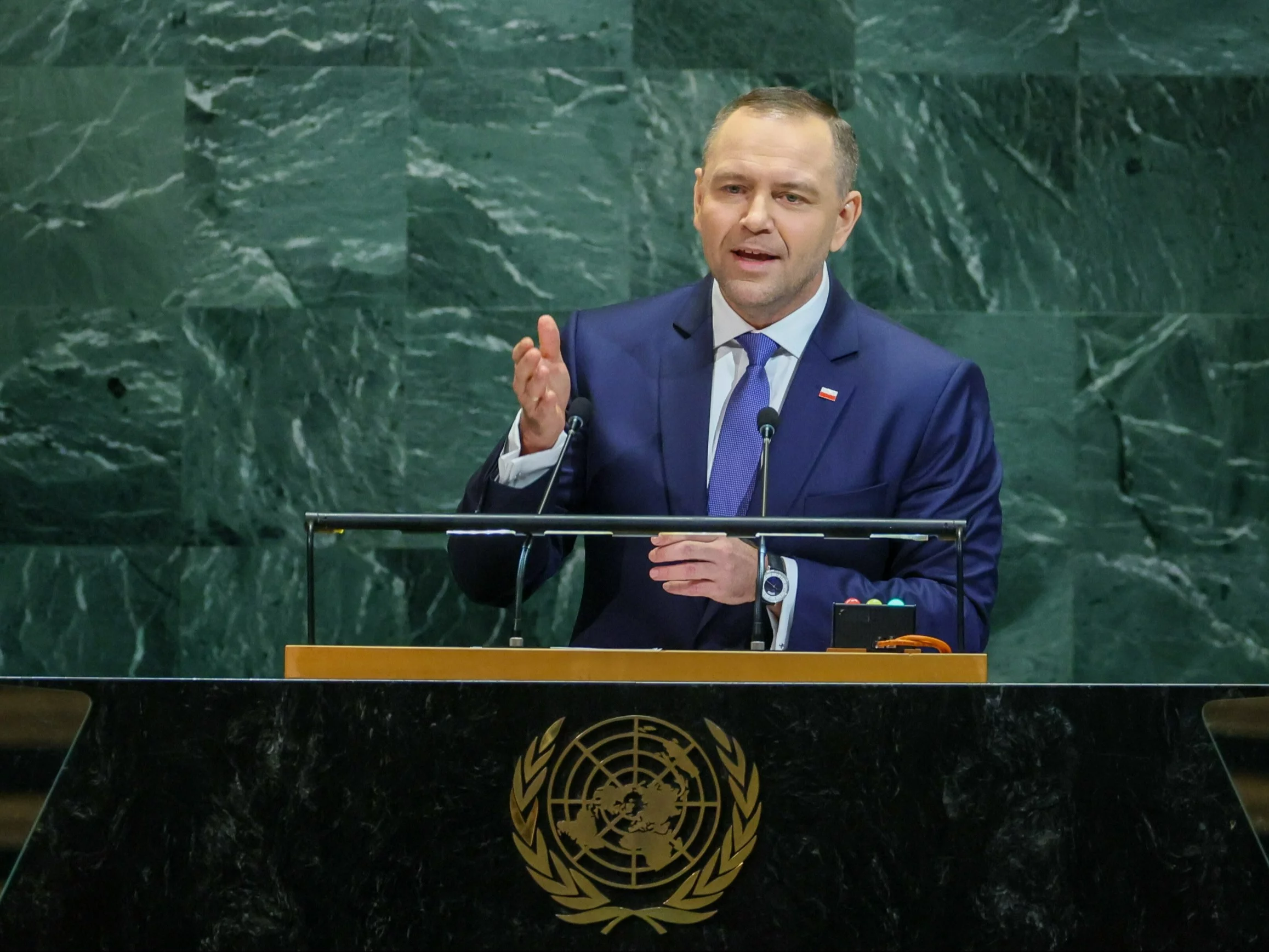 Prezydent RP Karol Nawrocki przemawia podczas debaty generalnej 80. Sesji Zgromadzenia Ogólnego ONZ w Nowym Jorku