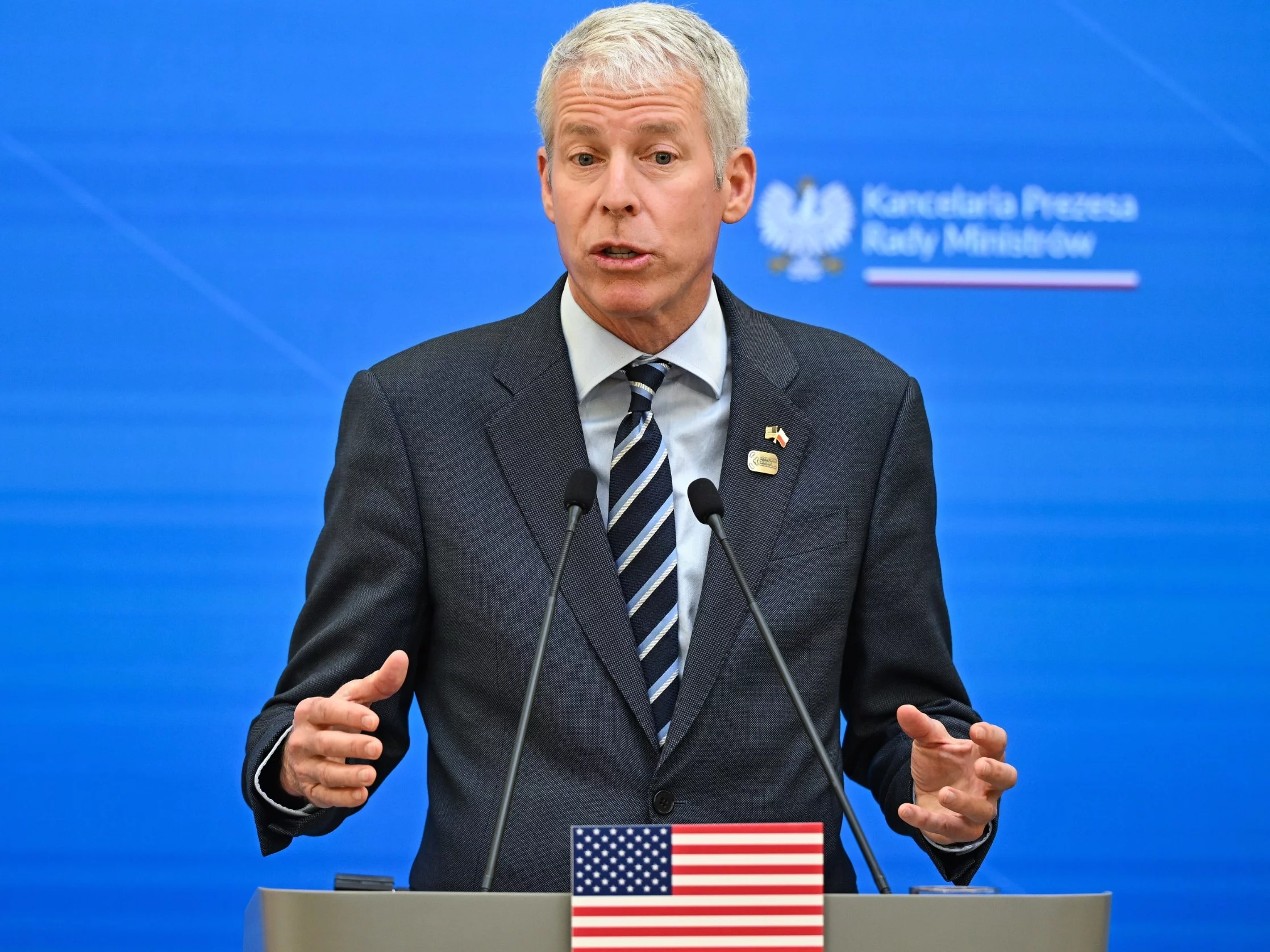 Sekretarz ds. energii USA Chris Wright podczas wspólnej konferencji prasowej z premierem Donaldem Tuskiem
