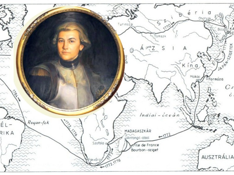 Maurycy Beniowski. W tle mapa jego podróży