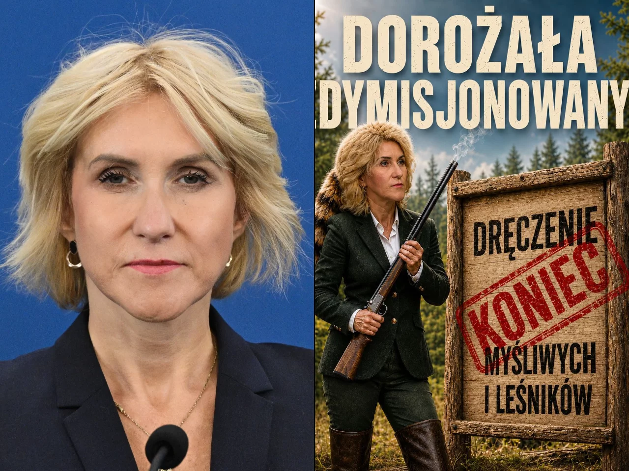 Urszula Pasławska (PSL) ze strzelbą na grafice wygenerowanej przez AI po dymisji wiceministra klimatu Mikołaja Dorożały