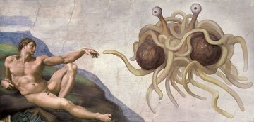 Dotknięty przez Jego Makaronowatość, parodystyczna przeróbka Stworzenia Adama Michała Anioła wykorzystywana przez wyznawców Latającego Potwora Spaghetti.