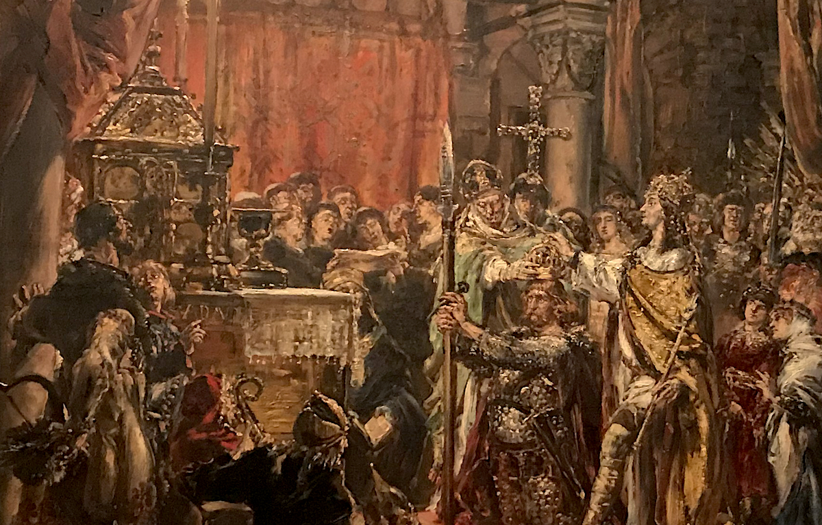 Jan Matejko, „Koronacja pierwszego króla R.P. 1001”, (1889 rok), z cyklu „Dzieje cywilizacji w Polsce”, olej/deska dębowa; wymiary: 79 x 105 cm, wł. Muzeum Narodowe w Warszawie, na ekspozycji Zamek Królewski w Warszawie. Fragment Obrazu