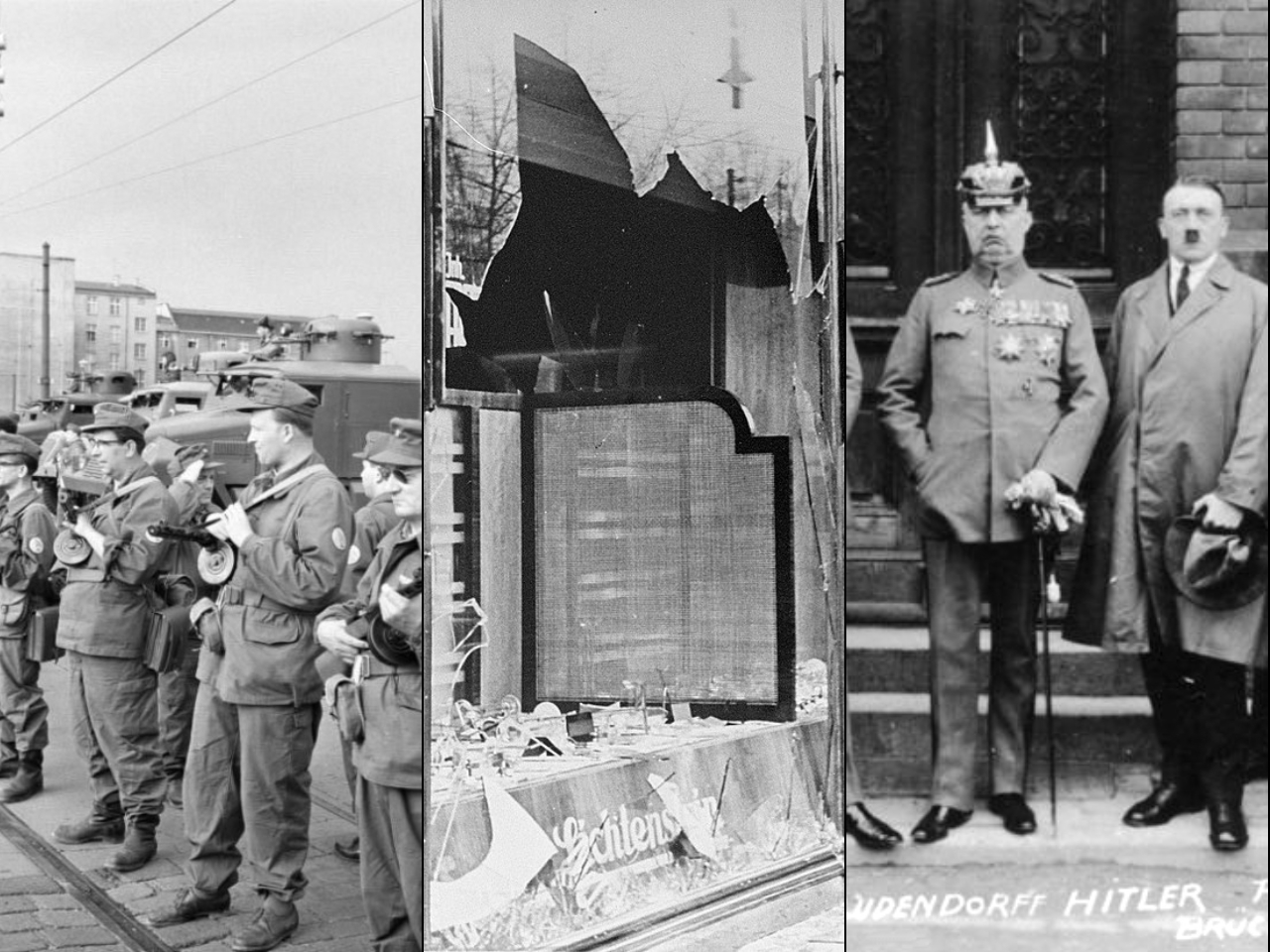 Żołnierze przy Murze Berlińskim / Noc kryształowa / Zamachowcy po puczu w Monachium