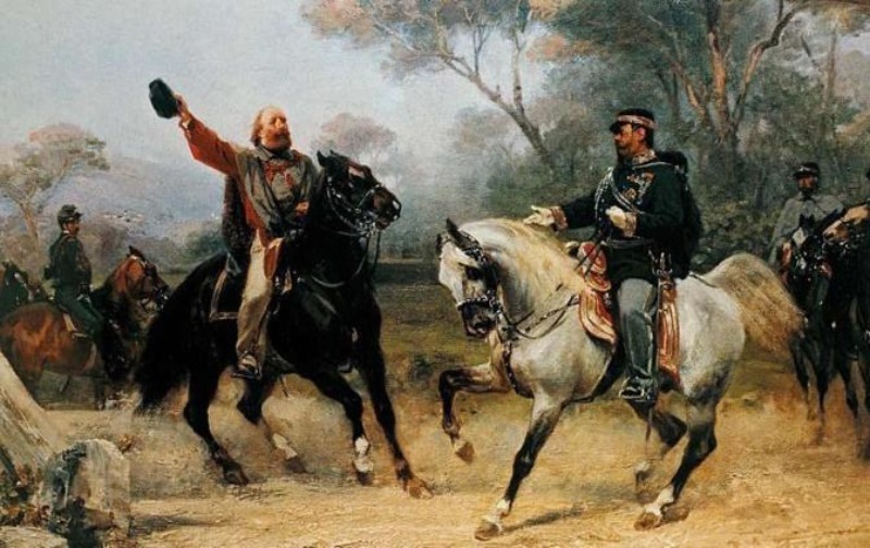 Spotkanie Giuseppe Garibaldiego z Wiktorem Emanuelem II w Teano, mal. Sebastiano De Albertis