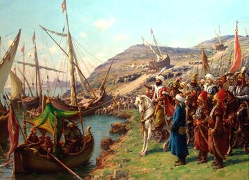 Fausto Zonaro, Przeciąganie okrętów do Złotego Rogu podczas oblężenia Konstantynopola, 1453 rok