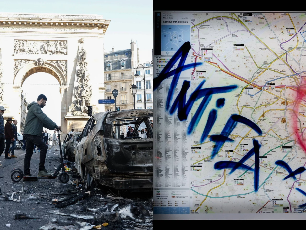 Zniszczenia po imigranckich burdach w Paryżu i bazgroły "Antifa"