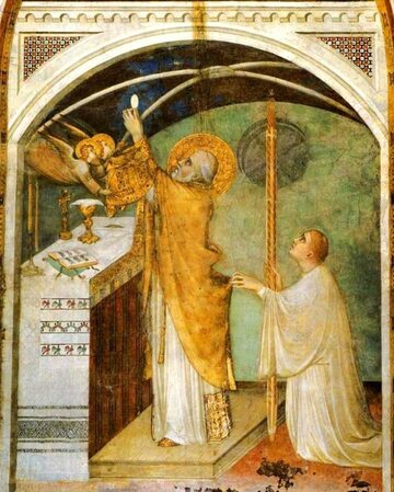 Fresk z okresu 1322–1326 autorstwa Simone Martini dokumentujący XIV-wieczne wyobrażenie ukazywania konsekrowanej hostii podczas liturgii eucharystycznej przez żyjącego w IV wieku św. Marcina z Tours (kaplica w dolnym kościele San Francesco w Asyżu)