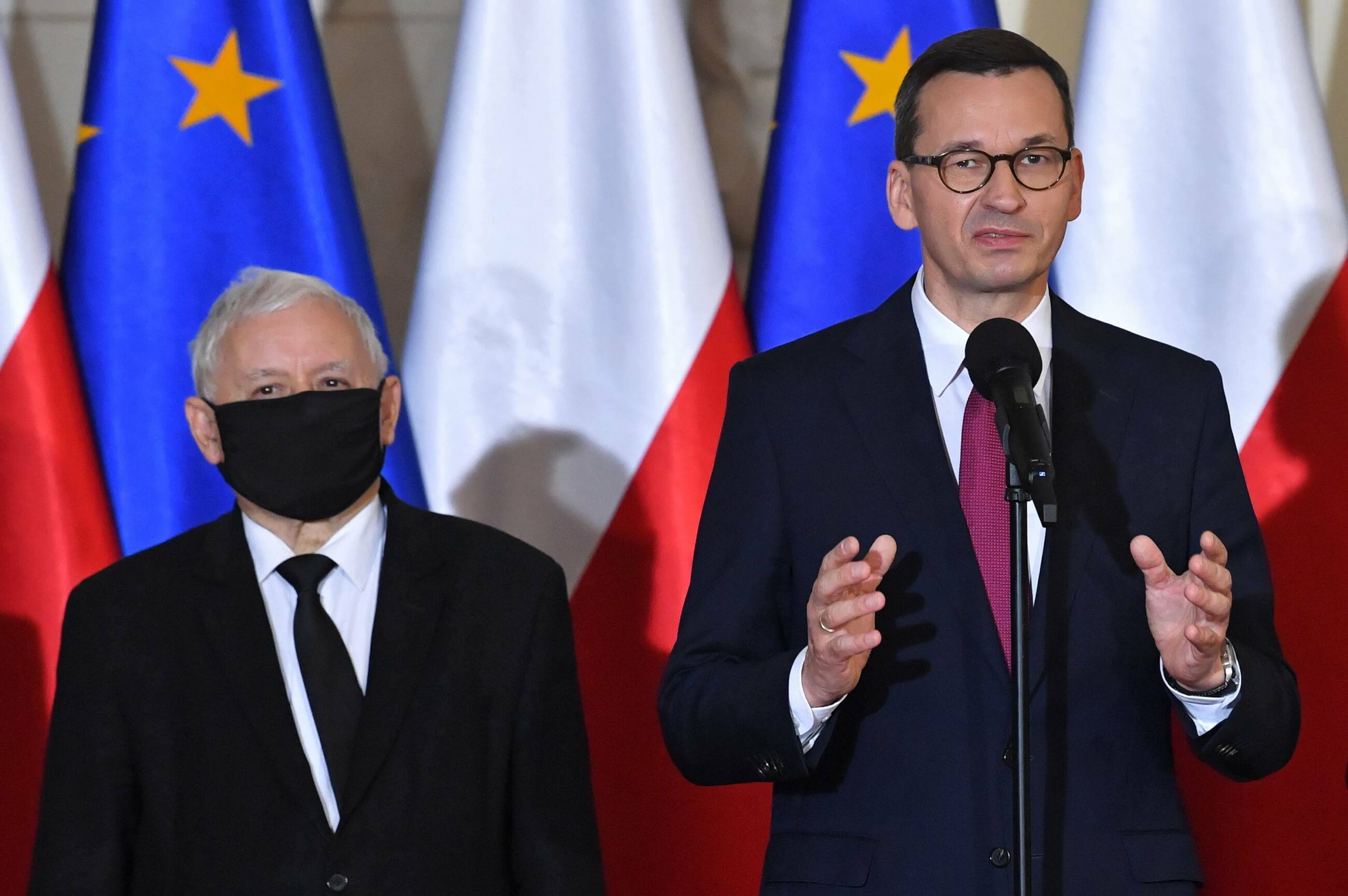 Prezes PiS, wicepremier Jarosław Kaczyński i premier Mateusz Morawiecki