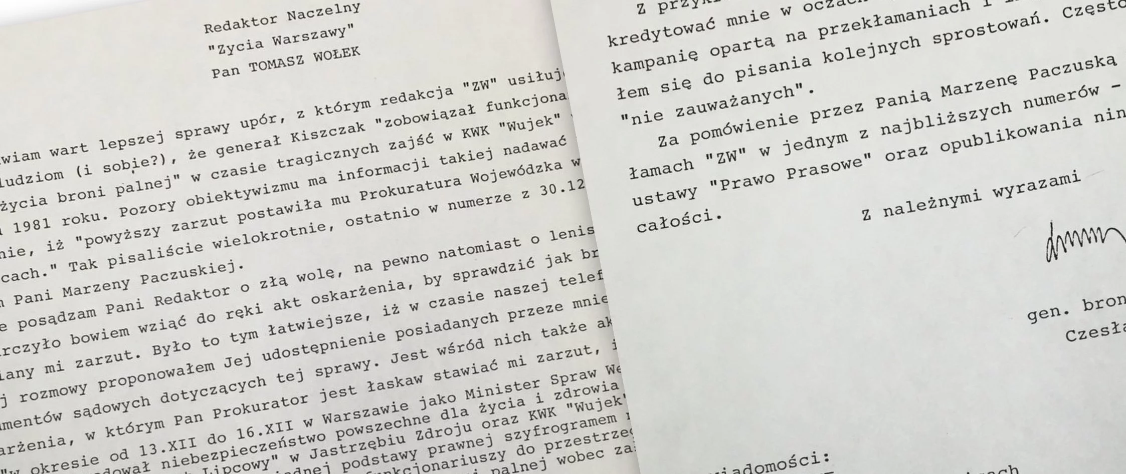 Generał Kiszczak niezadowolony z "Życia Warszawy". Cenckiewicz publikuje kolejny list