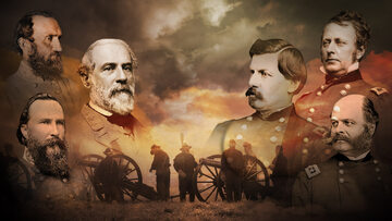Generałowie Konfederacji (L): Thomas "Stonewall" Jackson, Robert E. Lee, James Longstreet. Generałowie Unii (P): Joseph Hooker, George McClellan, Ambrose Burnside