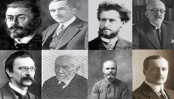 Góra (L): Ludwik Popławski Roman Dmowski, Zygmunt Balicki, Zygmunt Wasilewski. Dół (L): Stanisław Grabski, Bernard Chrzanowski, Wincenty Lutosławski, Stanisław Kozicki