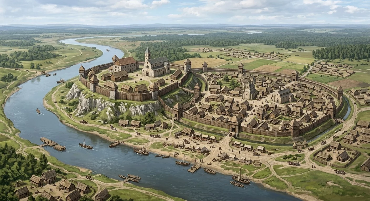 Średniowieczne miasto położone nad rzeką - grafika ilustracyjna / Grafika wygenerowana przez AI