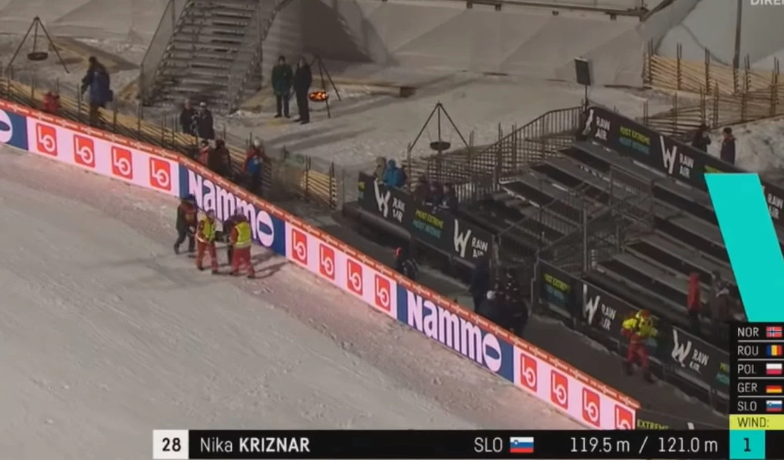 Niebezpieczna sytuacja Niki Kriznar podczas drugiej serii konkursu kobiet w ramach Raw Air 2020 w Lillehammer.