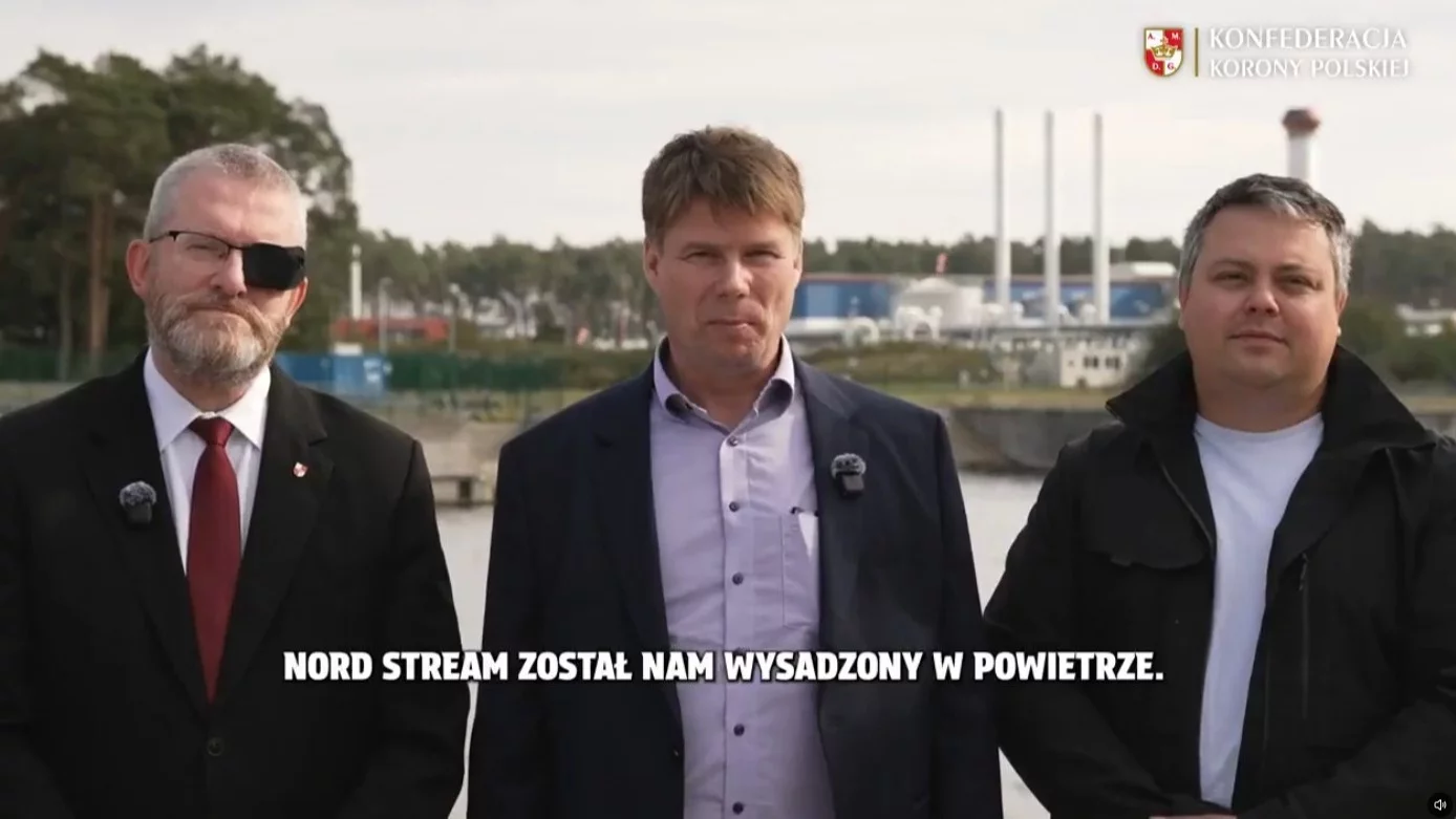 Grzegorz Braun (pierwszy z lewej) wystąpił razem z politykami AfD w Lubminie, gdzie znajduje się infrastruktura Nord Stream