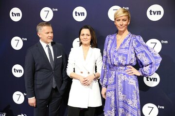 Grzegorz Kajdanowicz (L), Diana Rudnik (C) i Anita Werner (P) podczas prezentacji wiosennej oferty programowej TVN