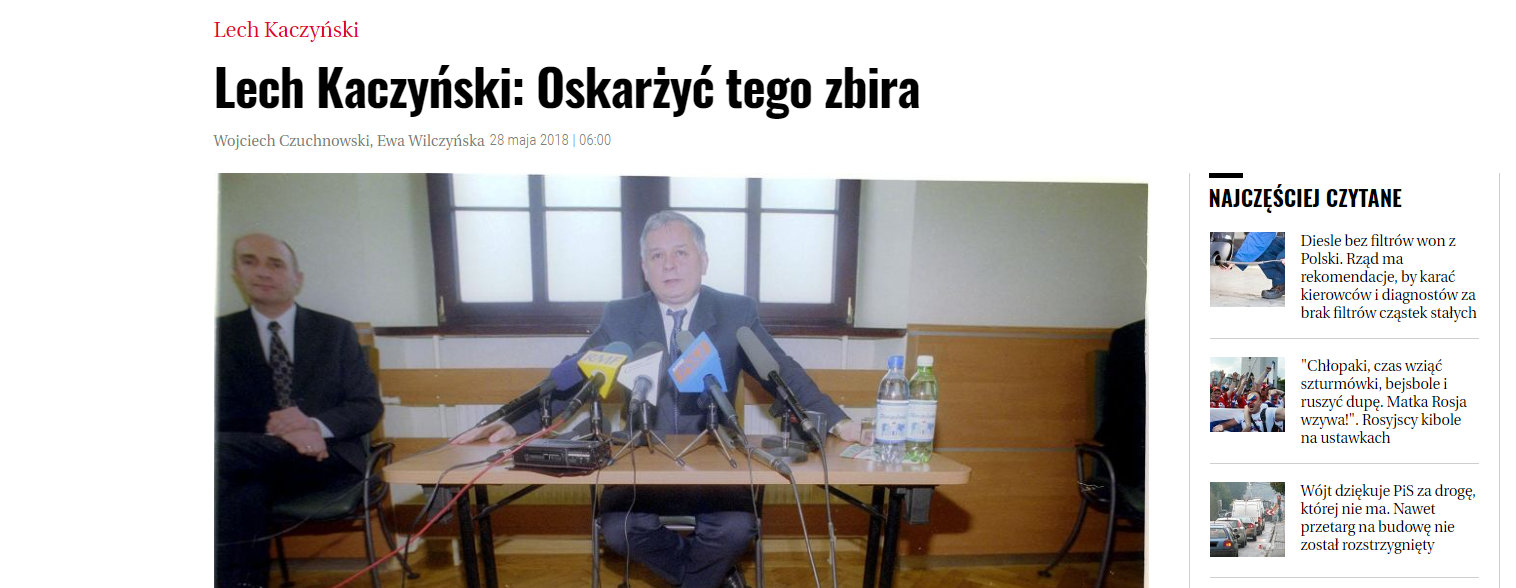 Artykuł "Lech Kaczyński:Oskarżyć tego zbira" na stronie "Gazety Wyborczej"