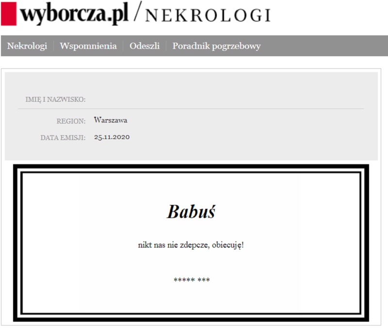 Nekrolog zamieszczony w "Gazecie Wyborczej"