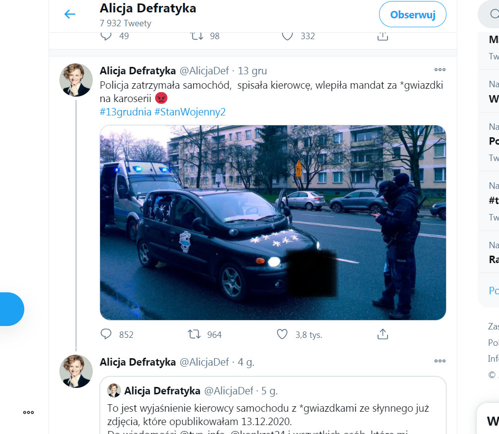 "Policja zatrzymała samochód, spisała kierowcę, wlepiła mandat za *gwiazdki na karoserii" – relacjonowała na Twitterze ekonomistka Alicja Defratyka.