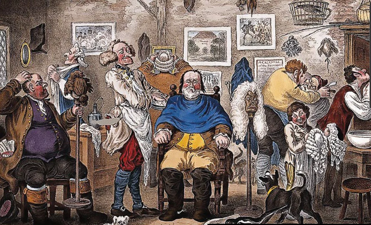 Zakład fryzjerski. Grafika z początku XIX wieku