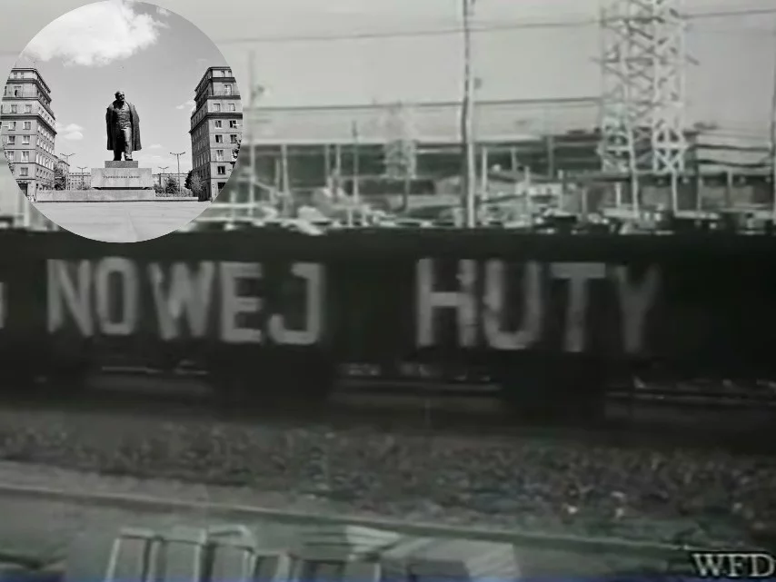 Pociąg podczas budowy kombinatu im. Lenina w Nowej Hucie