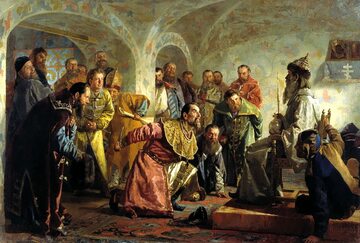 Iwan Groźny (klęczy z nożem) drwi z przywódcy bojarów Iwana Fiodorowa posadzonego na tronie w carskim przebraniu. Za chwilę Iwan zadźga nożem Fiodorowa. Obraz Mikołaja Newrewa