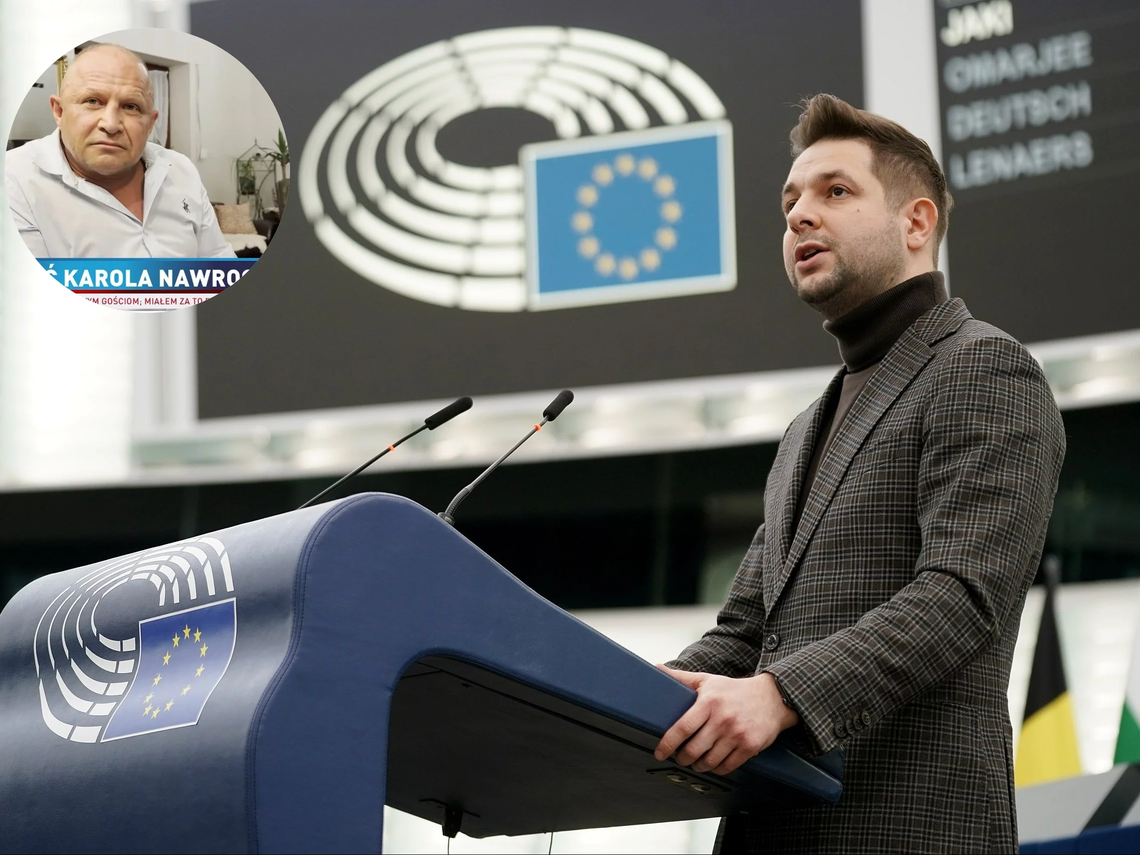 Europoseł PiS Patryk Jaki, w tle Jacek Murański