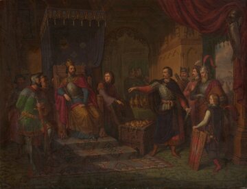 Jan z Góry Wawelu w poselstwie do cesarza Henryka V oblegającego Głogowę roku 1109. Początek przydomku Skarbków. Mal. A. Lesser