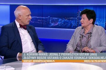 Janusz Korwin-Mikke i Joanna Senyszyn w studio Polsat News