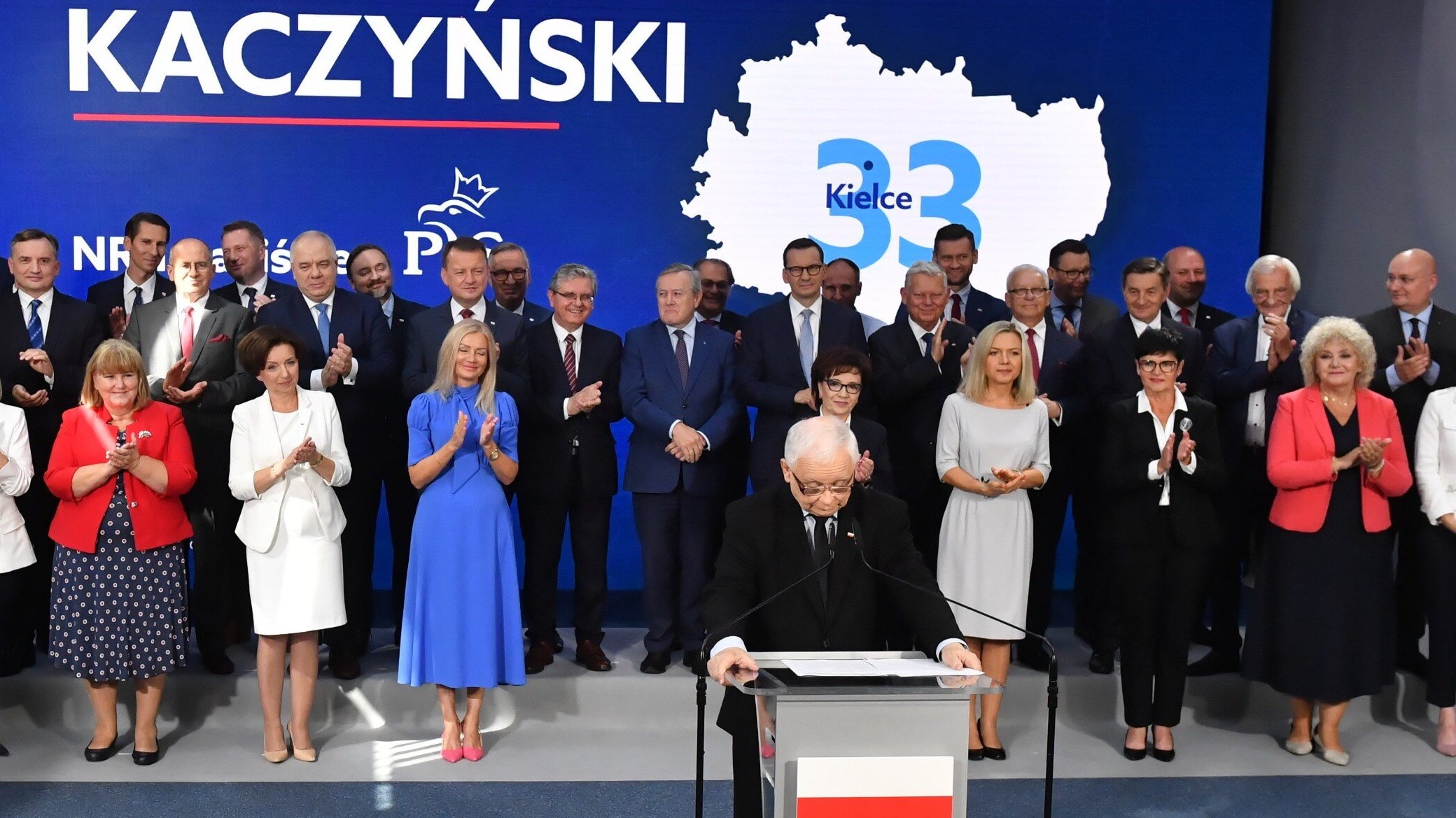 Warszawa, 31.08.2023. Prezes Prawa i Sprawiedliwości Jarosław Kaczyński ogłasza "jedynki" na wybory