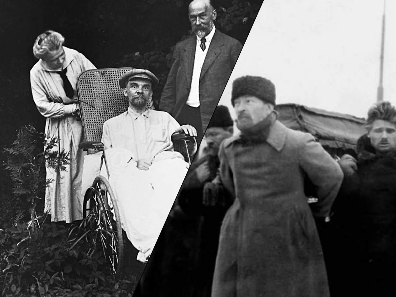 Ostatnie znane zdjęcie Lenina, Gorki, maj 1923. Obok stoją jego siostra Anna i jeden z lekarzy A.M. Kożewnikow / Pogrzeb Lenina - trumnę niesie m.in. Dzierżyński