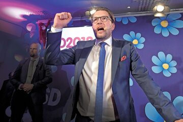 Jimmie Åkesson, lider Szwedzkich Demokratów, podczas wieczoru wyborczego w Sztokholmie, 9 września 2018 r.