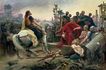 Juliusz Cezar i Vercingetorix po bitwie pod Alezją na obrazie Lionela Royera