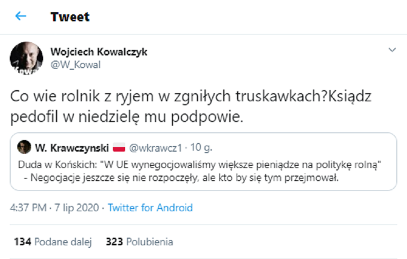 Skandaliczny wpis Wojciecha Kowalczyka