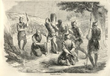 "Kara tysiąca cięć". Wykonywanie kary lingchi.
Grafika prasowa z połowy XIX wieku