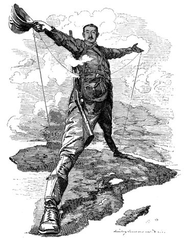 Karykatura Cecila Rhodesa wykonana po ogłoszeniu planów budowy linii telegraficznej i kolejowej z Kapsztadu do Kairu