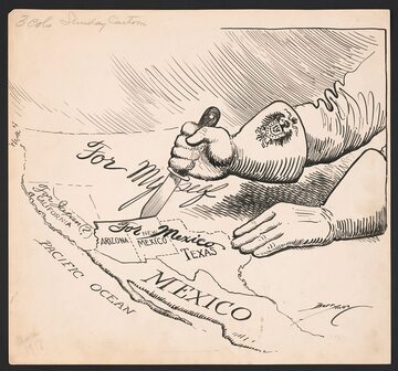 Karykatura pokazująca na czym polegał plan Niemców opisany w telegramie Zimmermanna