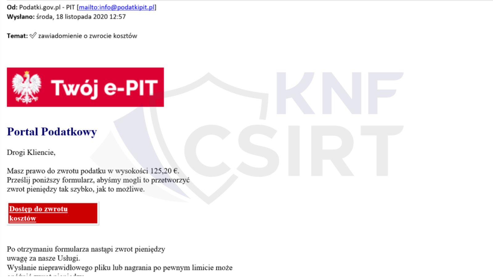 Fałszywy e-mail, które informuje o możliwości wypłacenia zwrotu podatku