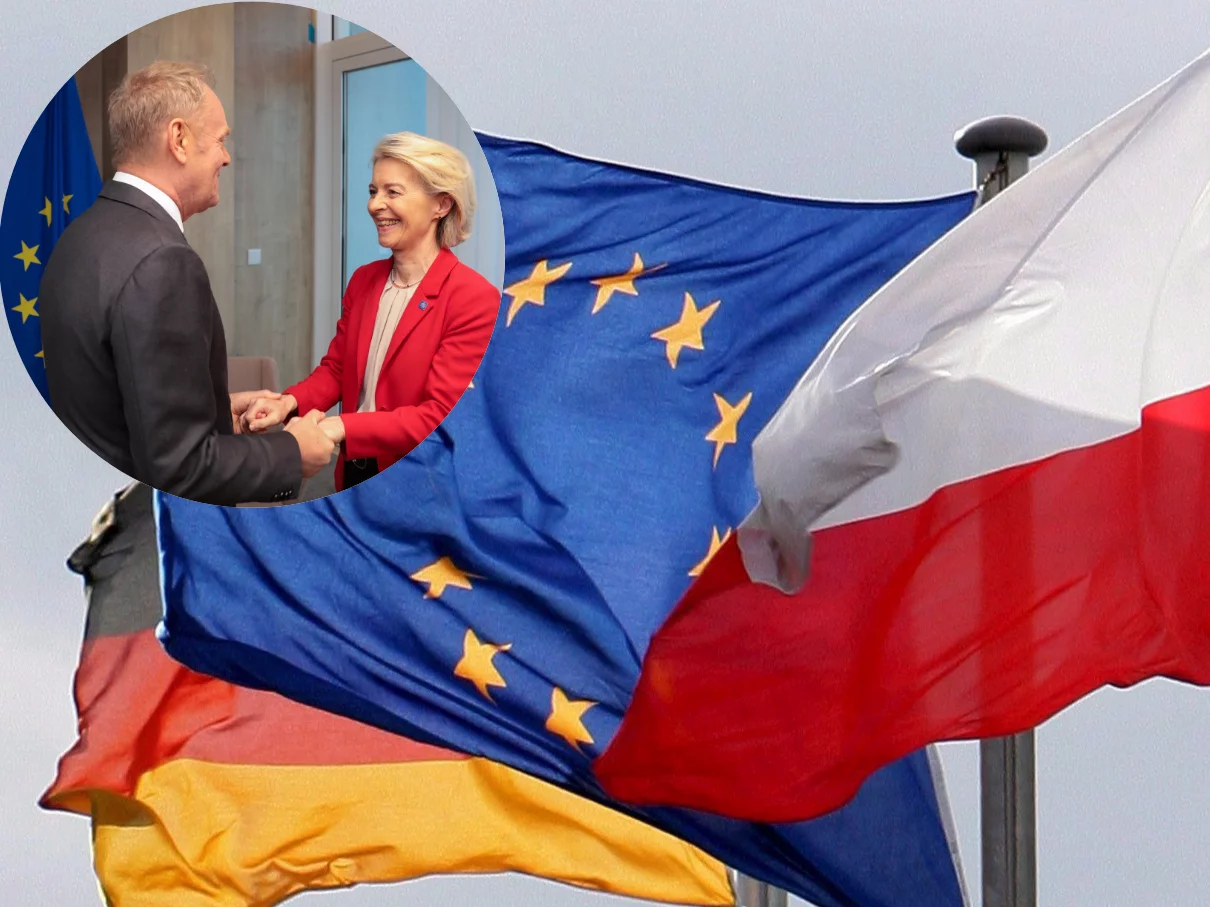 Przewodnicząca Komisji Europejskiej niemiecka polityk Ursula von der Leyen i Donald Tusk. Flagi - UE , Niemcy, Polska