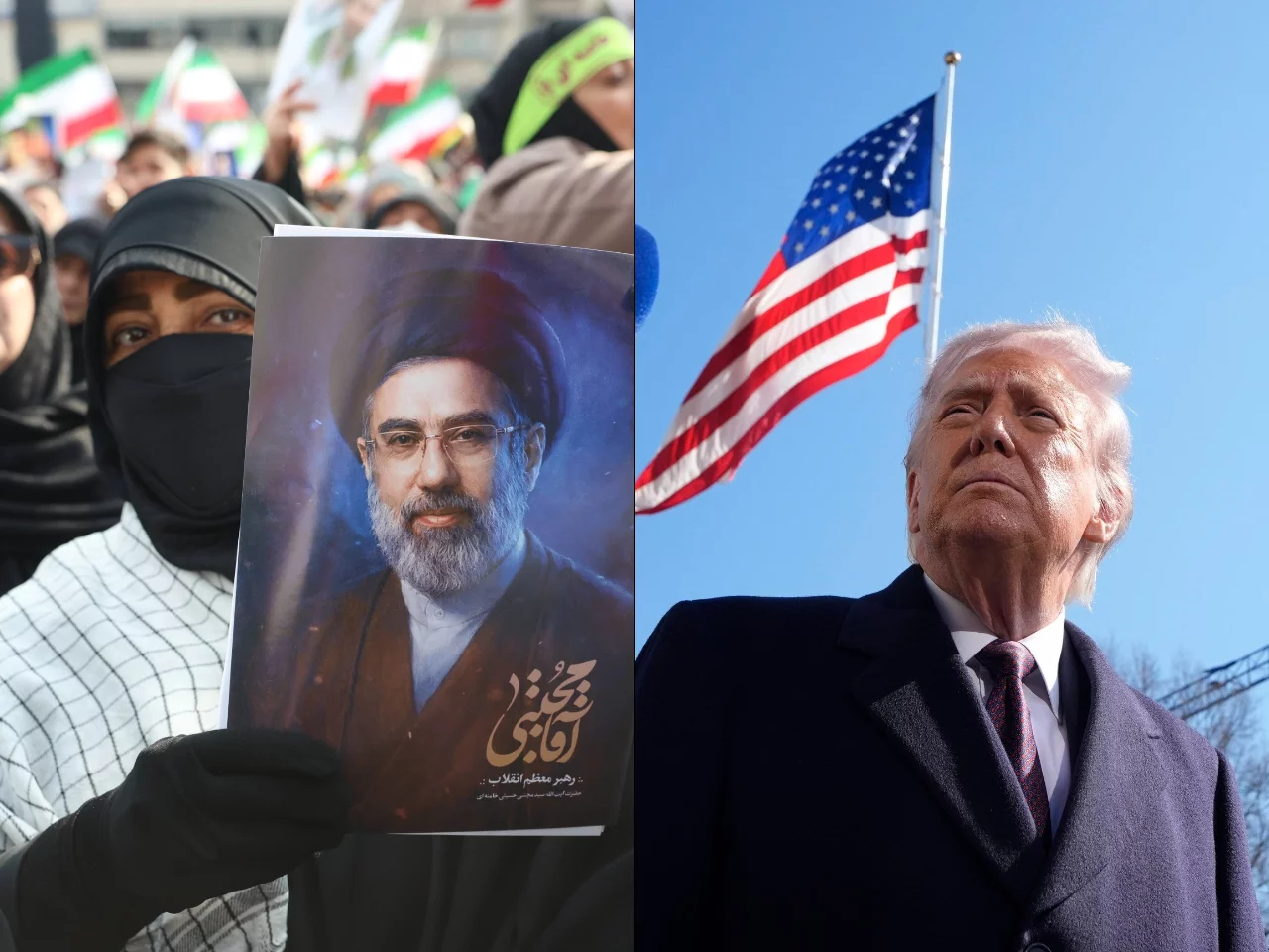 Wizerunek Mojtaby Chameneiego/ Donald Trump na tle flagi USA