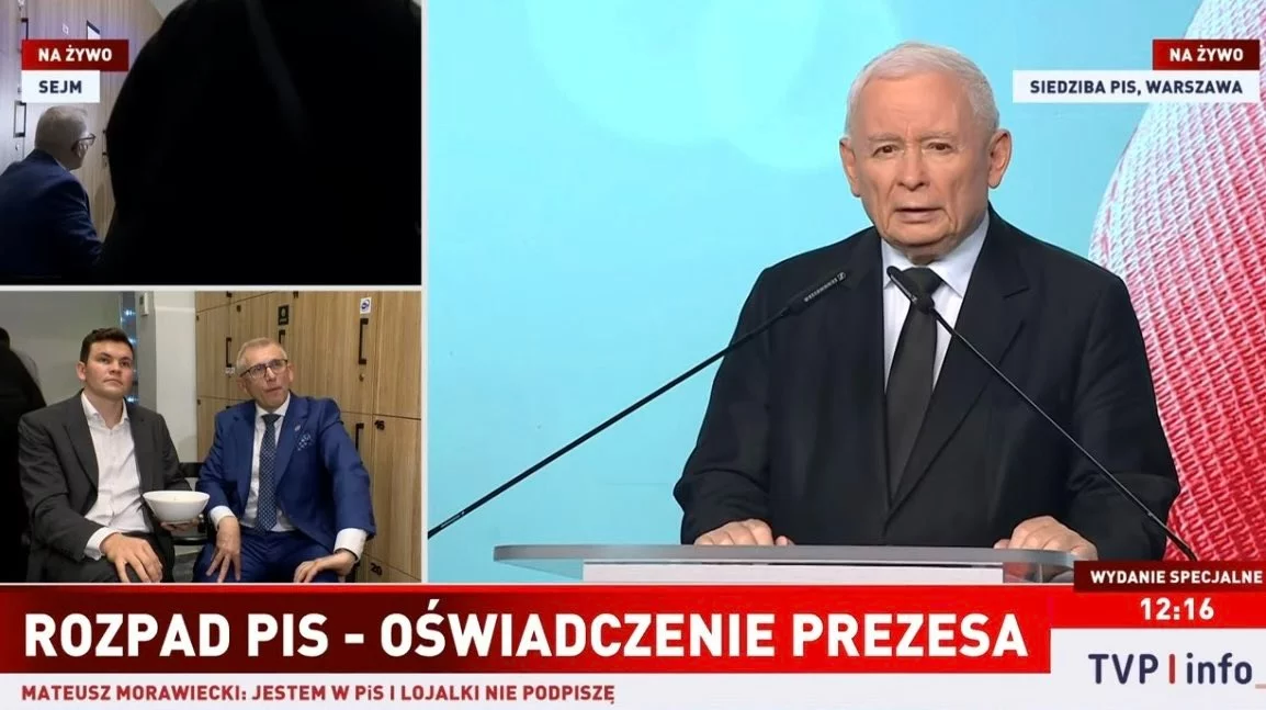 Konferencja prasowa Jarosława Kaczyńskiego. Kadr z TVP Info