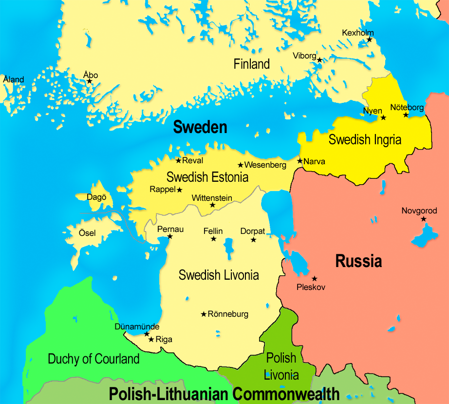 Inflanty - podział na Inflanty Szwedzkie (Swedish Livonia) i Inflanty Polskie (Polish Livonia)