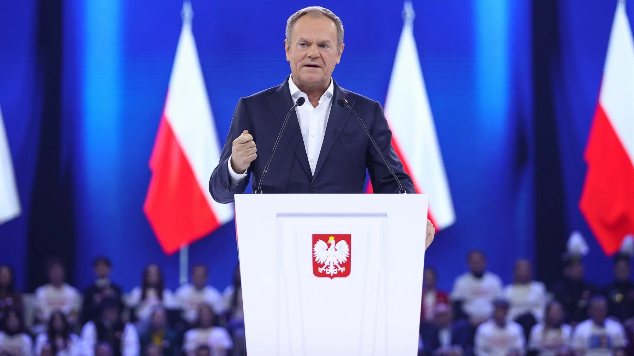 Premier Donald Tusk przemawia podczas konwencji kandydata Koalicji Obywatelskiej