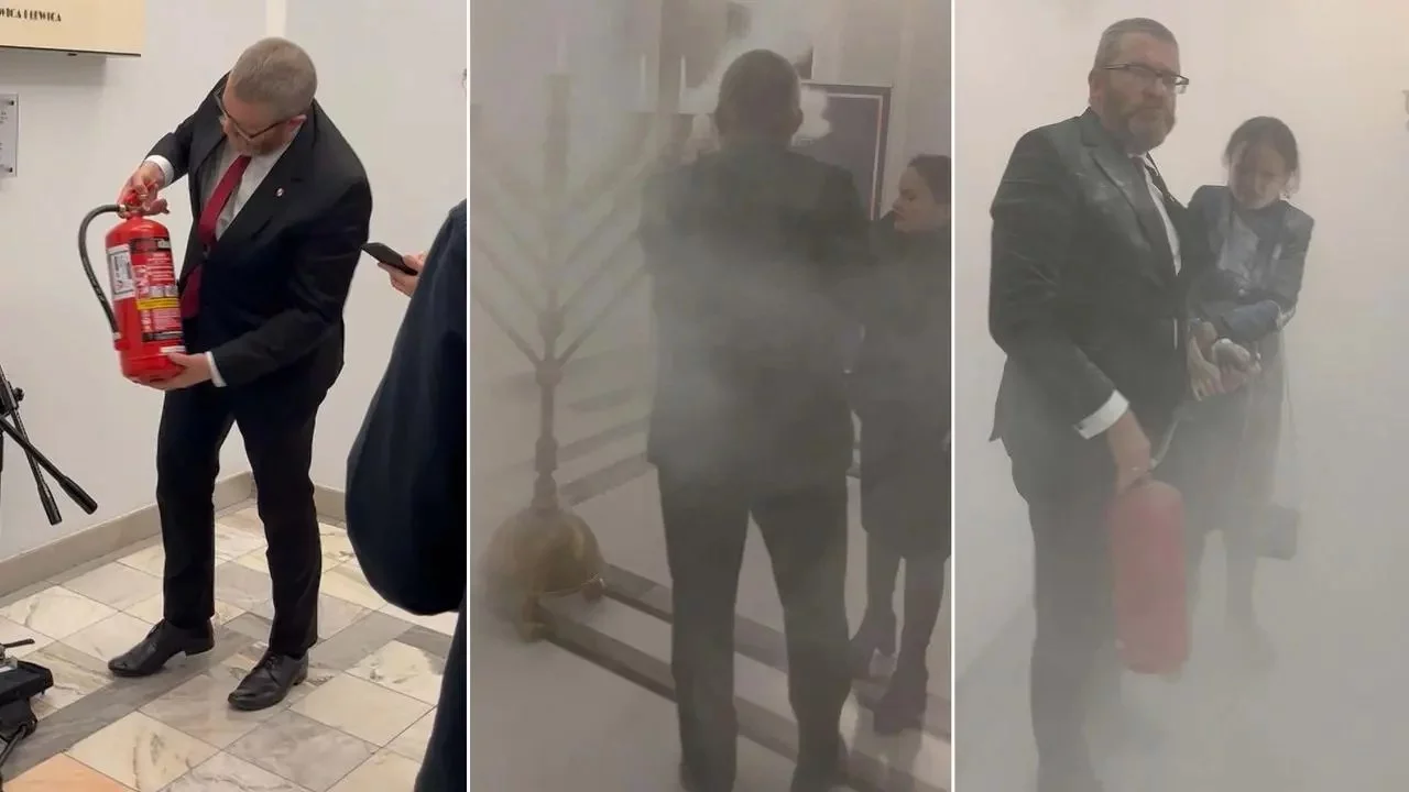 Grzegorz Braun z gaśnicą w Sejmie