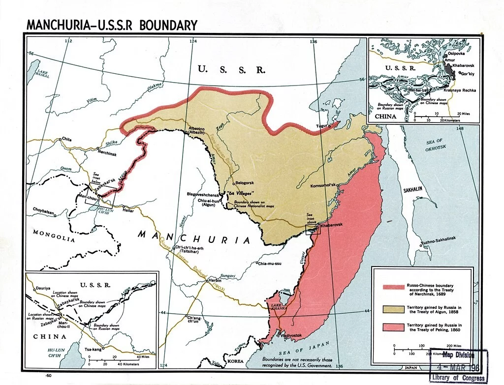 Mapa - postanowienia traktatu ajguńskiego między Rosją i Koreą, 1858 rok