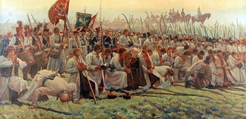Kosynierzy modlący się przed bitwą na obrazie Józefa Chełmońskiego